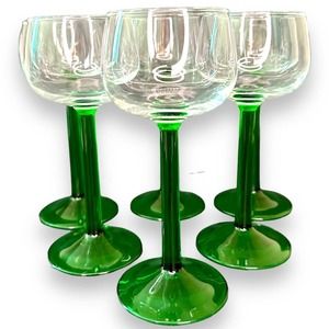 MCM Wine Glasses Luminarc Green Stem Rhine VTG ‘60s 6 3/8" France Emerald Set/6